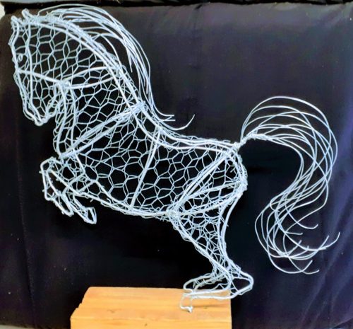 Wire sculpture, silver stallion.